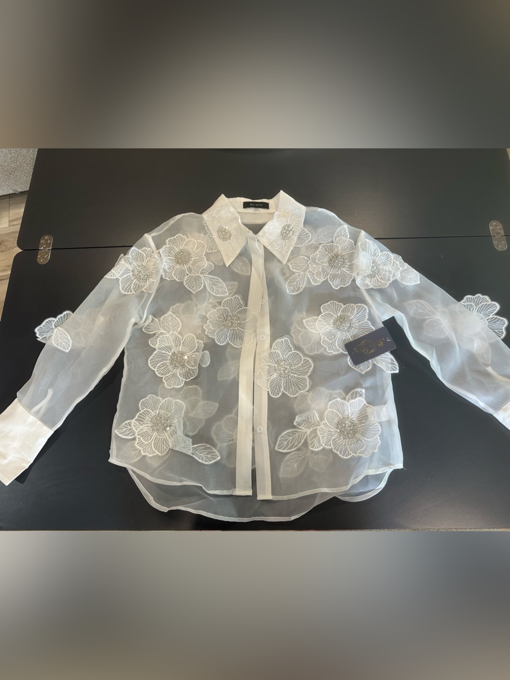 Sheer White Floral Embroidered Button-Down Shirt